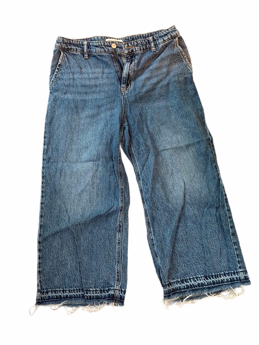 Classic Mid-Rise Wide-Leg Blue Denim Jeans — Frayed Hem